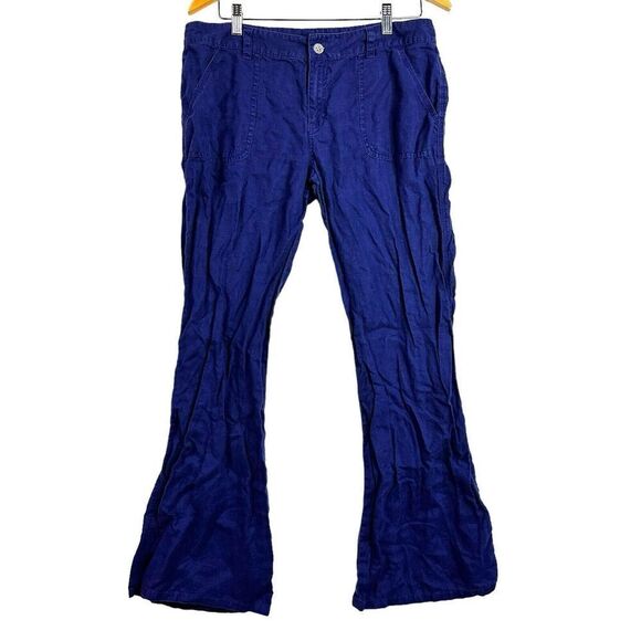 London Jean 100% Linen Pants Womans 12 Solid Blue Zip Button Pockets Wide Flare - Picture 1 of 7